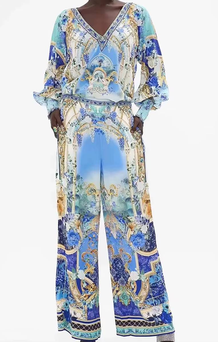 Casual V-neck Beaded Print Long-Sleeved Joker Coat High-Waist Wide-Leg 2 Piece Suit