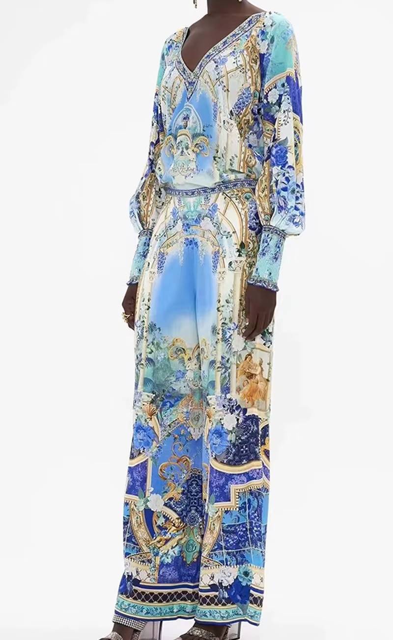 Casual V-neck Beaded Print Long-Sleeved Joker Coat High-Waist Wide-Leg 2 Piece Suit - Image 2