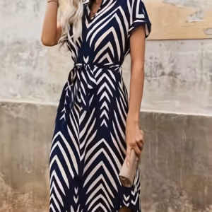 Casual V-neck Short Sleeved Stripe Belt A-LINE Comfortable Mini Dress