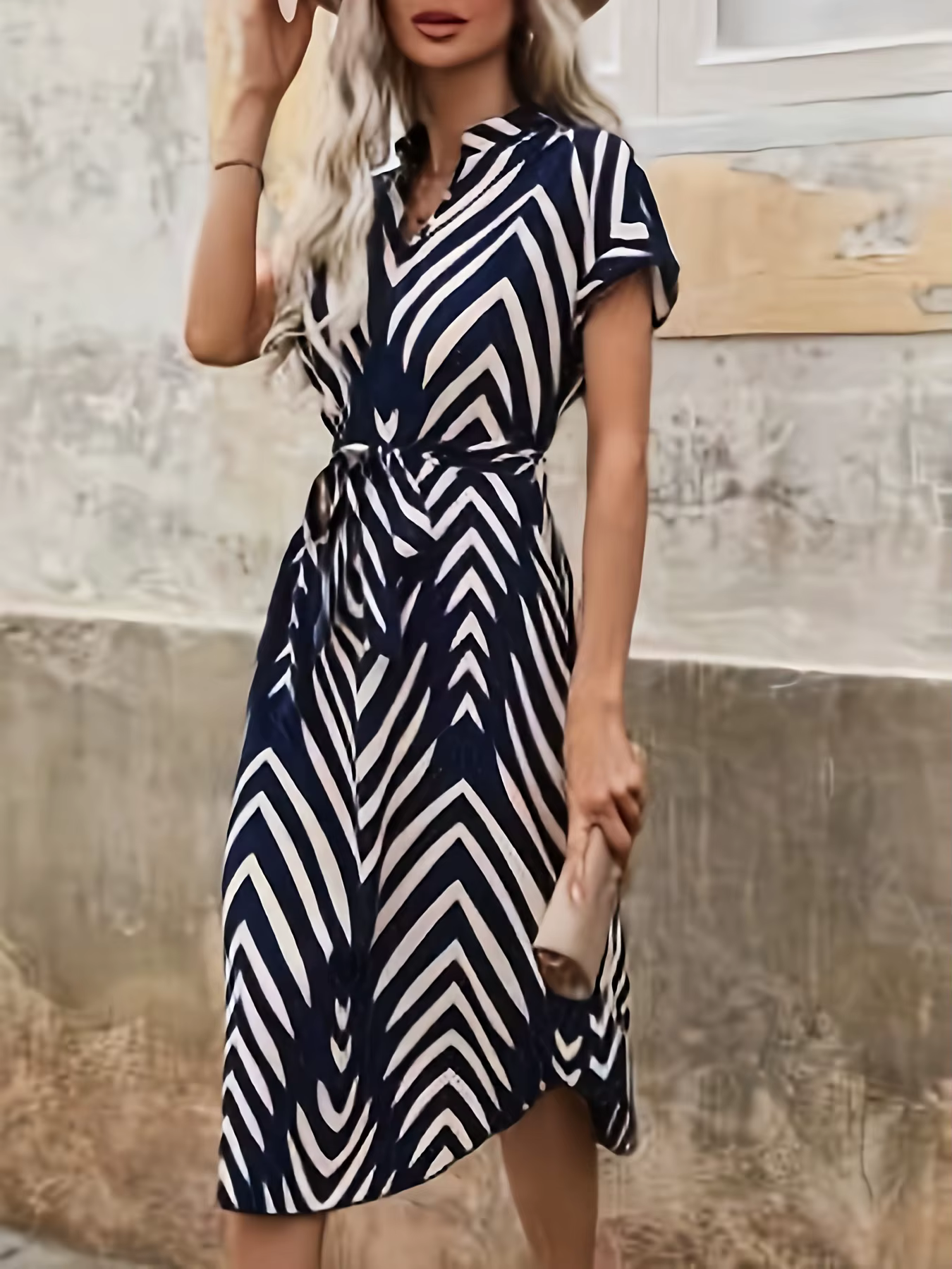 Casual V-neck Short Sleeved Stripe Belt A-LINE Comfortable Mini Dress
