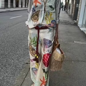 Causal Bohemia Satin Print Long Sleeve Shirts And Pant Loose 2 Piece Suit