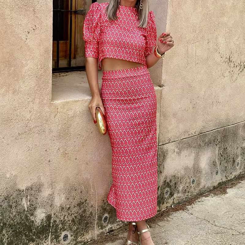 Chic Geometry Print Puff Sleeve O Neck Backless Top And Skirt 2 Piece Set - Image 2