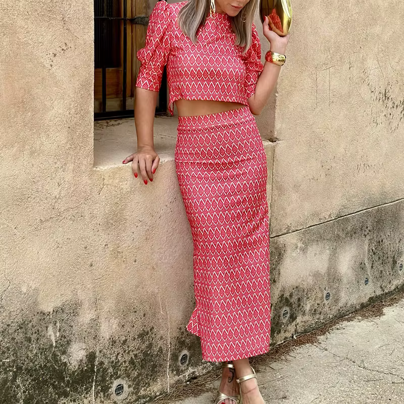 Chic Geometry Print Puff Sleeve O Neck Backless Top And Skirt 2 Piece Set - Image 4