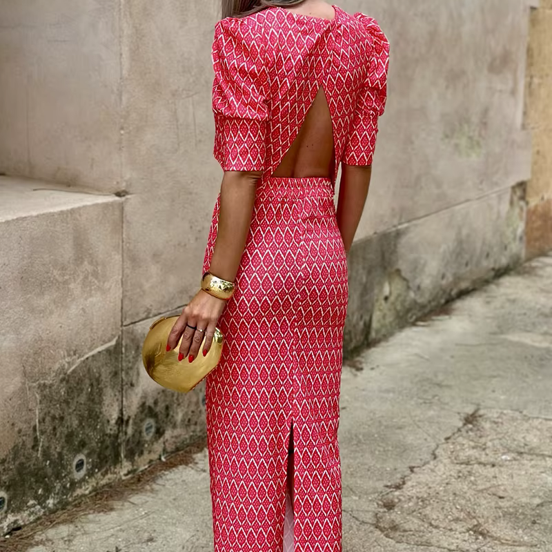 Chic Geometry Print Puff Sleeve O Neck Backless Top And Skirt 2 Piece Set - Image 5