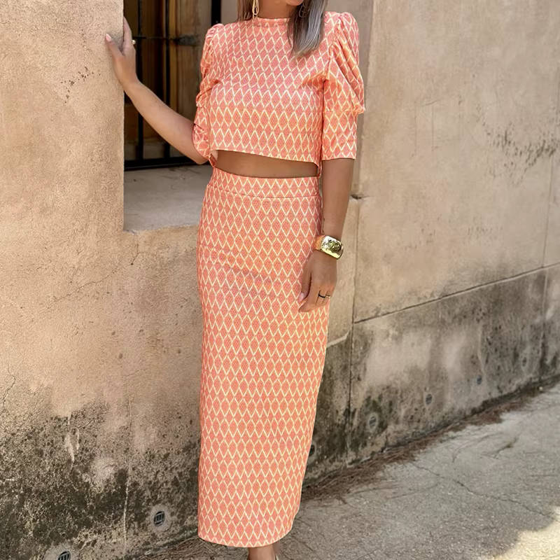 Chic Geometry Print Puff Sleeve O Neck Backless Top And Skirt 2 Piece Set - Image 8