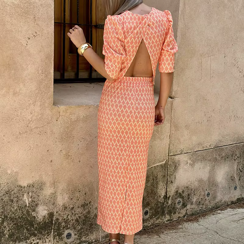 Chic Geometry Print Puff Sleeve O Neck Backless Top And Skirt 2 Piece Set - Image 9