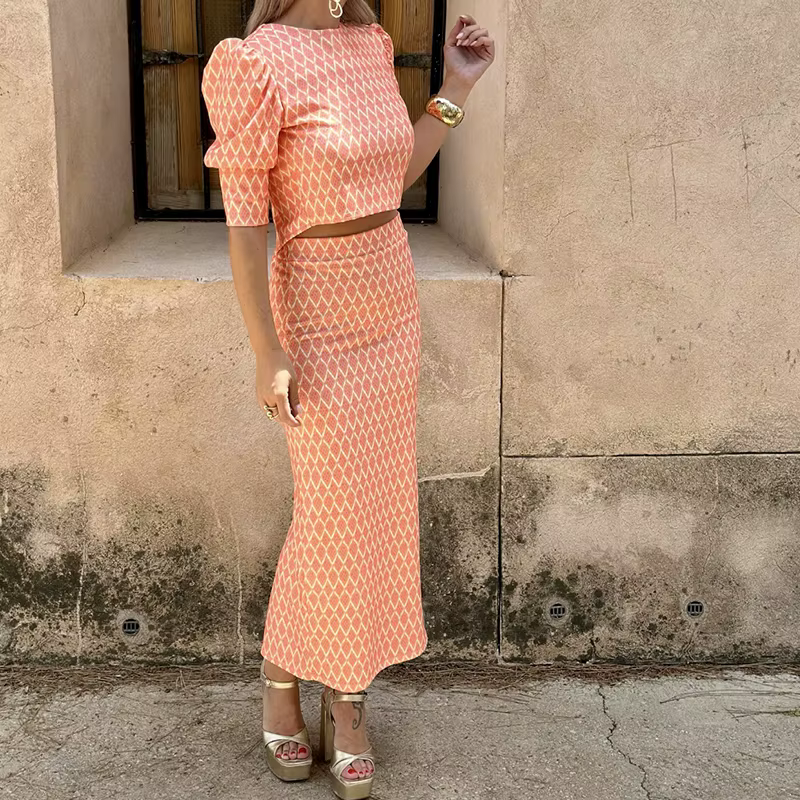 Chic Geometry Print Puff Sleeve O Neck Backless Top And Skirt 2 Piece Set - Image 7