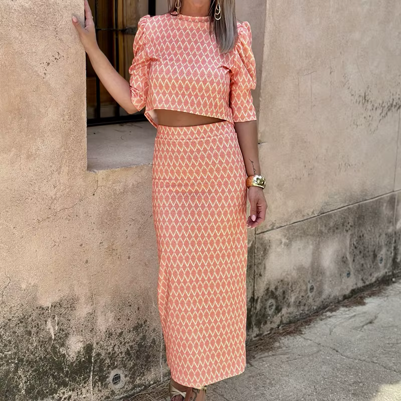 Chic Geometry Print Puff Sleeve O Neck Backless Top And Skirt 2 Piece Set - Image 6