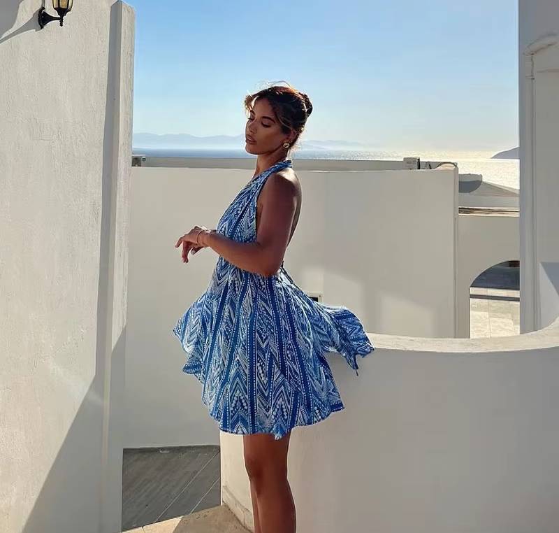 Chic Printed Deep V-neck Backless Halter Neck Beach Style Mini Dress - Image 10