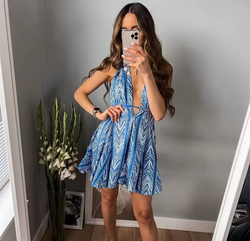 Chic Printed Deep V-neck Backless Halter Neck Beach Style Mini Dress - Image 9