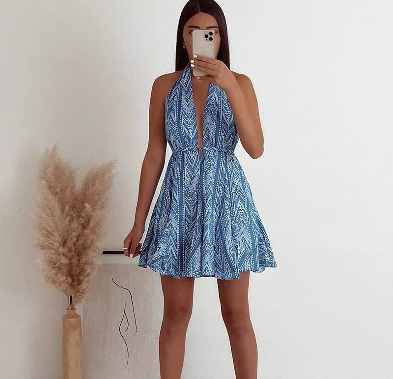 Chic Printed Deep V-neck Backless Halter Neck Beach Style Mini Dress - Image 8