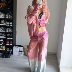 Chic V-neck Long Sleeves Satin Shirt High Waist Wide Leg Silken Pants Set