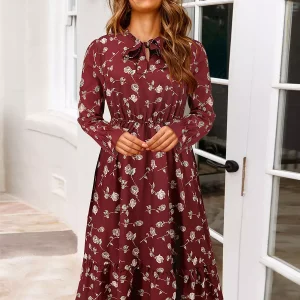 Classic Bows Floral Print Tie-Neck With Long Sleeve Midi Dress
