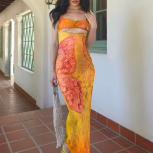 Classic Lace Print Cut Out Bodycon Bandage Maxi Dress Streetwear