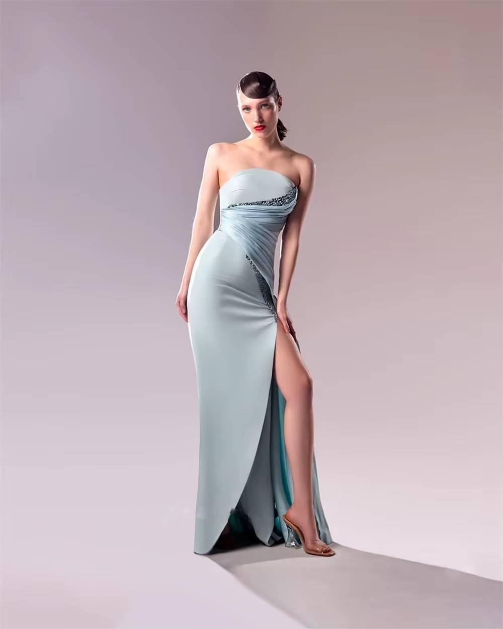 Classic Modern Style Strapless A-line Beading Pleats Formal Evening Party Dress