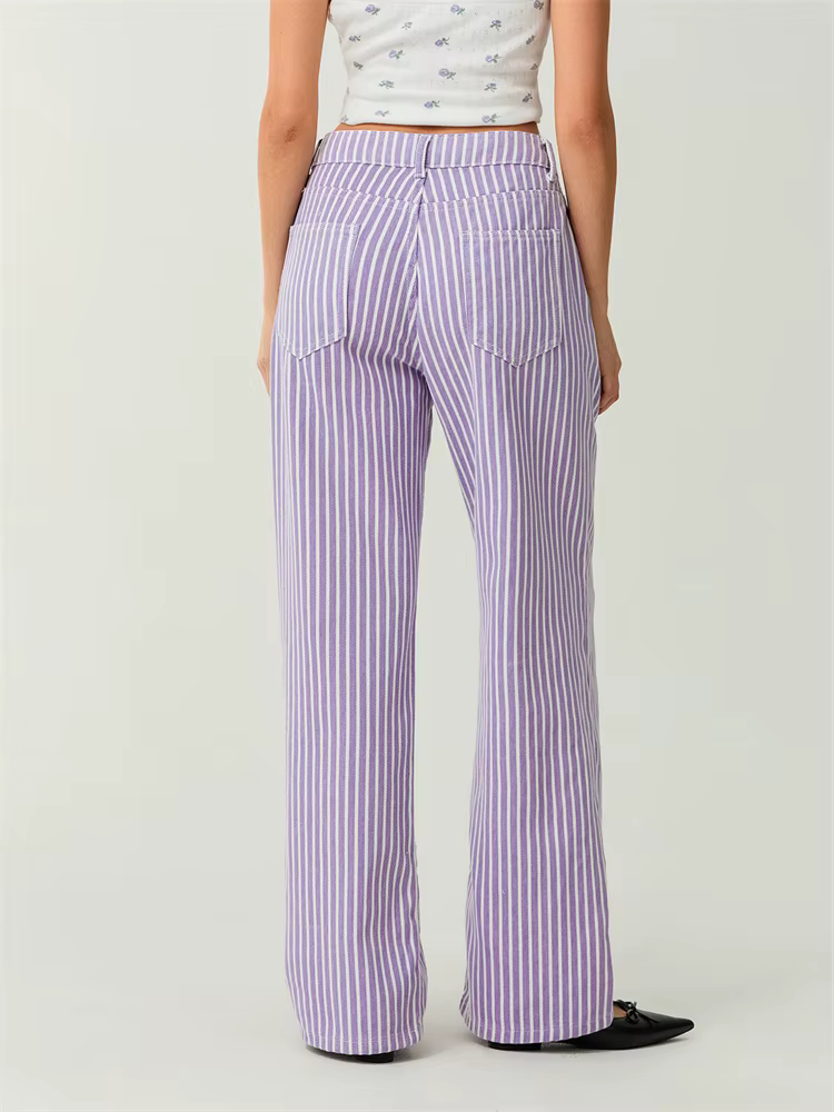 Classic Retro High Waist Jeans Striped Pockets Print Wide Leg Denim Pants - Image 3