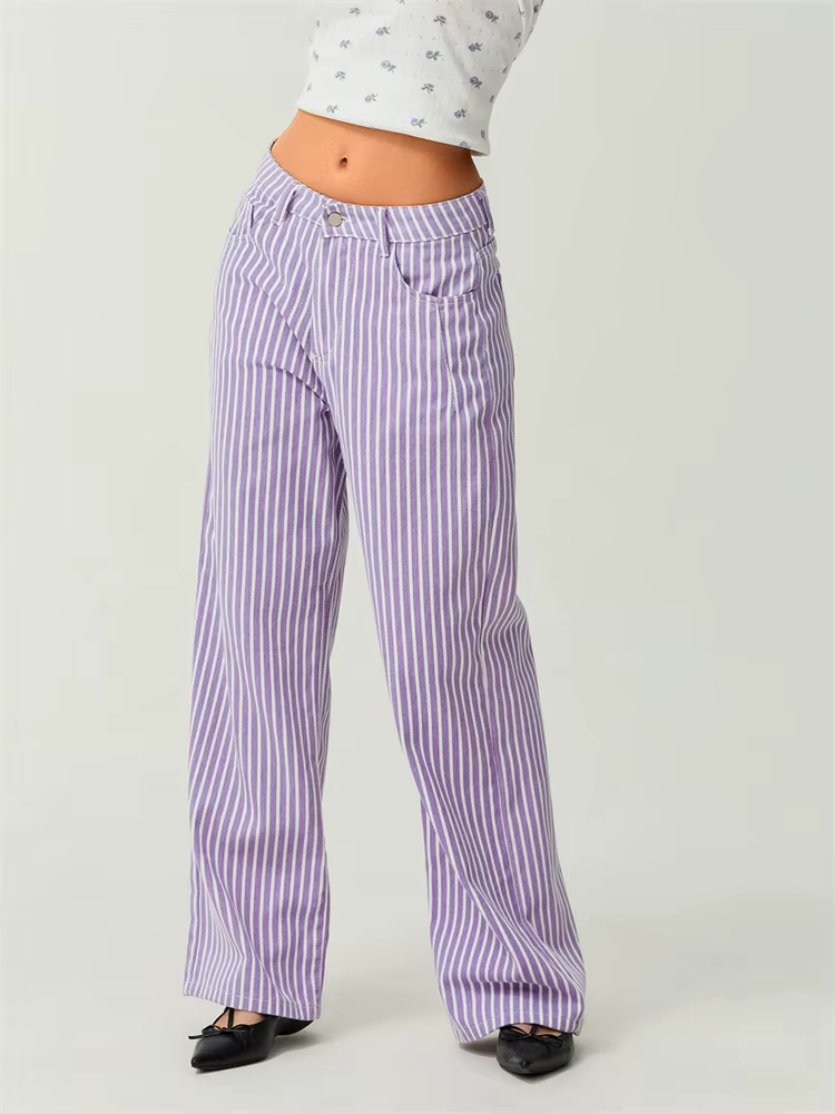 Classic Retro High Waist Jeans Striped Pockets Print Wide Leg Denim Pants - Image 2