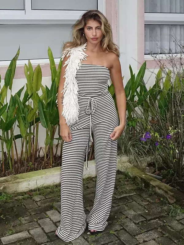 Classic Sleeveless Stripe Pattern Drawstring High-Waist Strapless Jumpsuit - Image 4