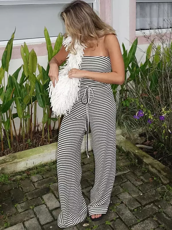 Classic Sleeveless Stripe Pattern Drawstring High-Waist Strapless Jumpsuit - Image 2