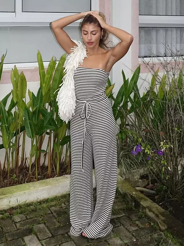 Classic Sleeveless Stripe Pattern Drawstring High-Waist Strapless Jumpsuit - Image 3
