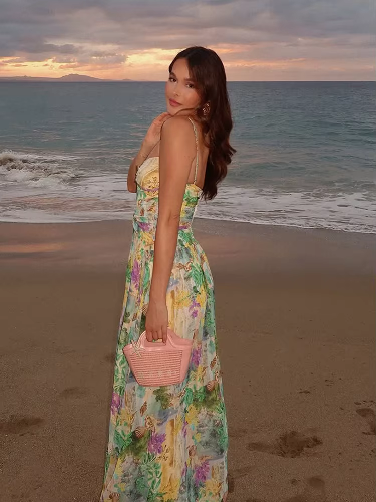 Colorful Metal Decals Backless Pleated Patchwork Hollow Side Slit Maxi Dress - Image 5