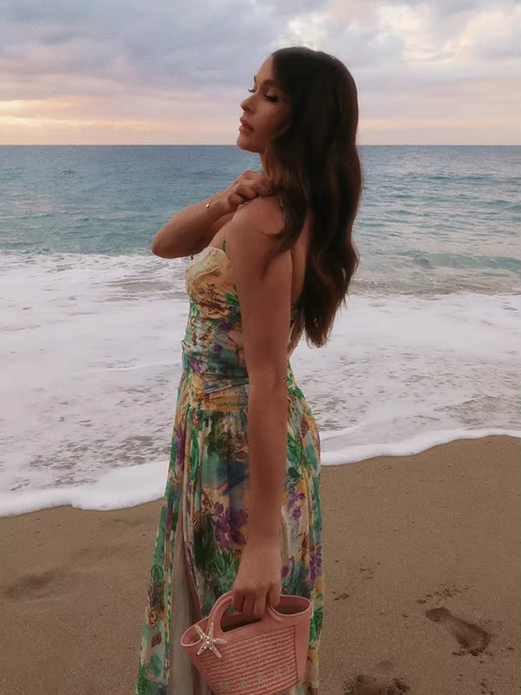 Colorful Metal Decals Backless Pleated Patchwork Hollow Side Slit Maxi Dress - Image 3