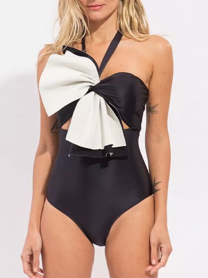 Contrast Solid One Piece Swimsuit With Bow Accent Beachwear