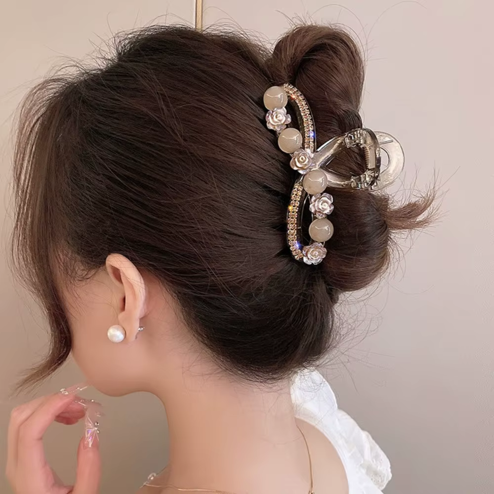 Crystal Bow Shark Pearl Hair Clip Claws Solid Color Hair Crab