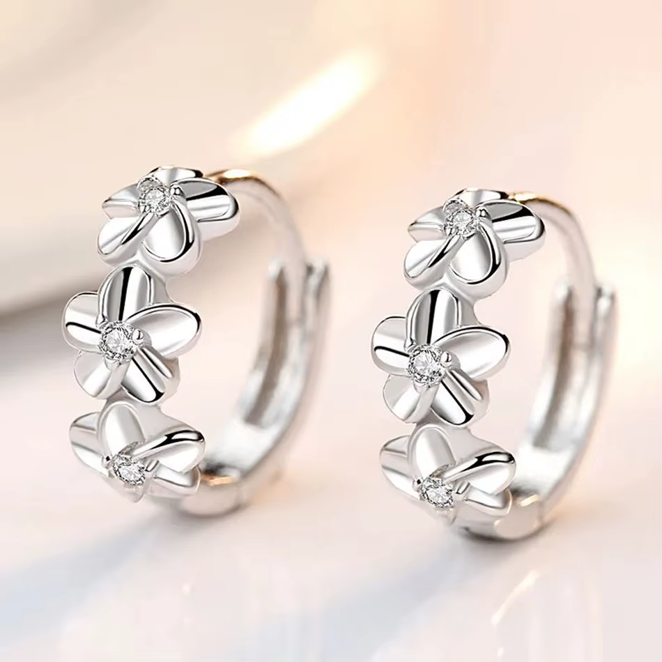 Crystal Zircon Flower Cute Stud 925 Sterling Silver Needle Earrings - Image 3