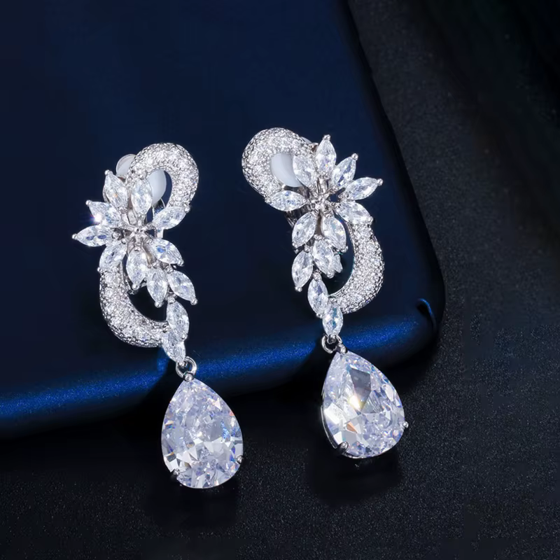 Cubic Zirconia Flower Shape No Pierced Hole Ear Clip On Earrings - Image 6