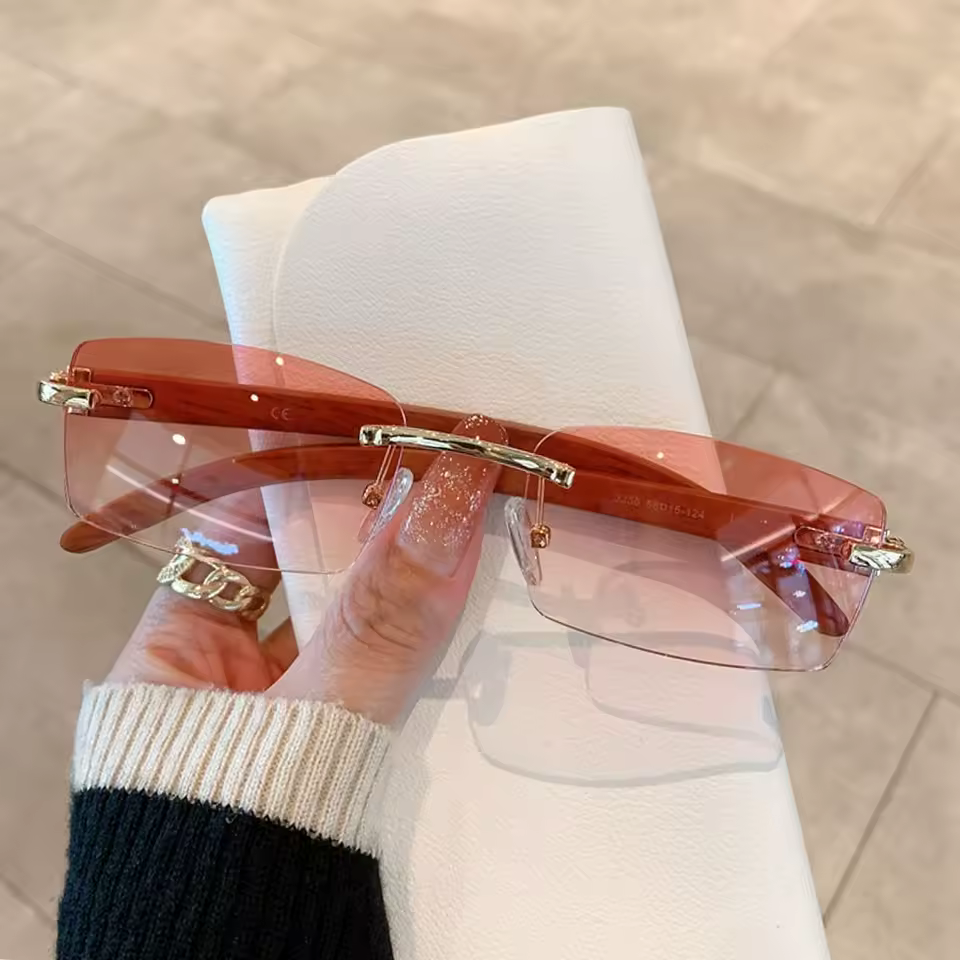 Cut Small Frame Retro Shade Eyewear UV400 Square Rimless Sunglasses - Image 3