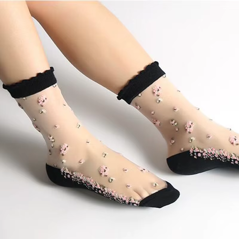 Cute Lace Glass Silk Floral Breathable Ultra Thin Transparent Elastic Socks