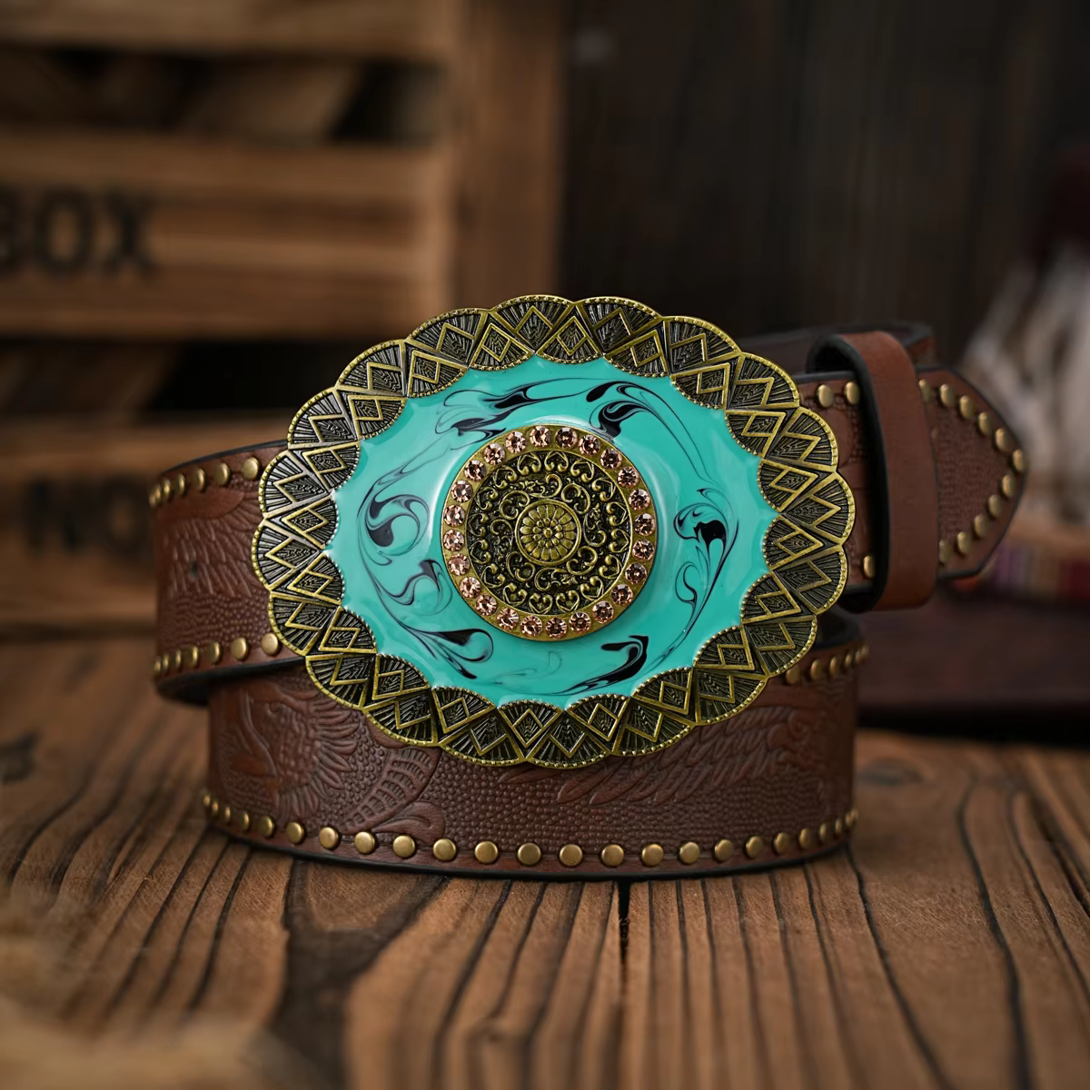 Denim Pu Leather Jeans Floral Carved Buckle Belt