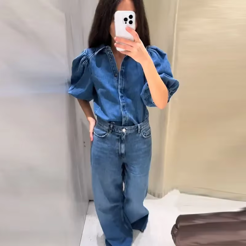 Denim Solid Lapel Half Puff Sleeve Single Breasted Pleated Streetwear Top