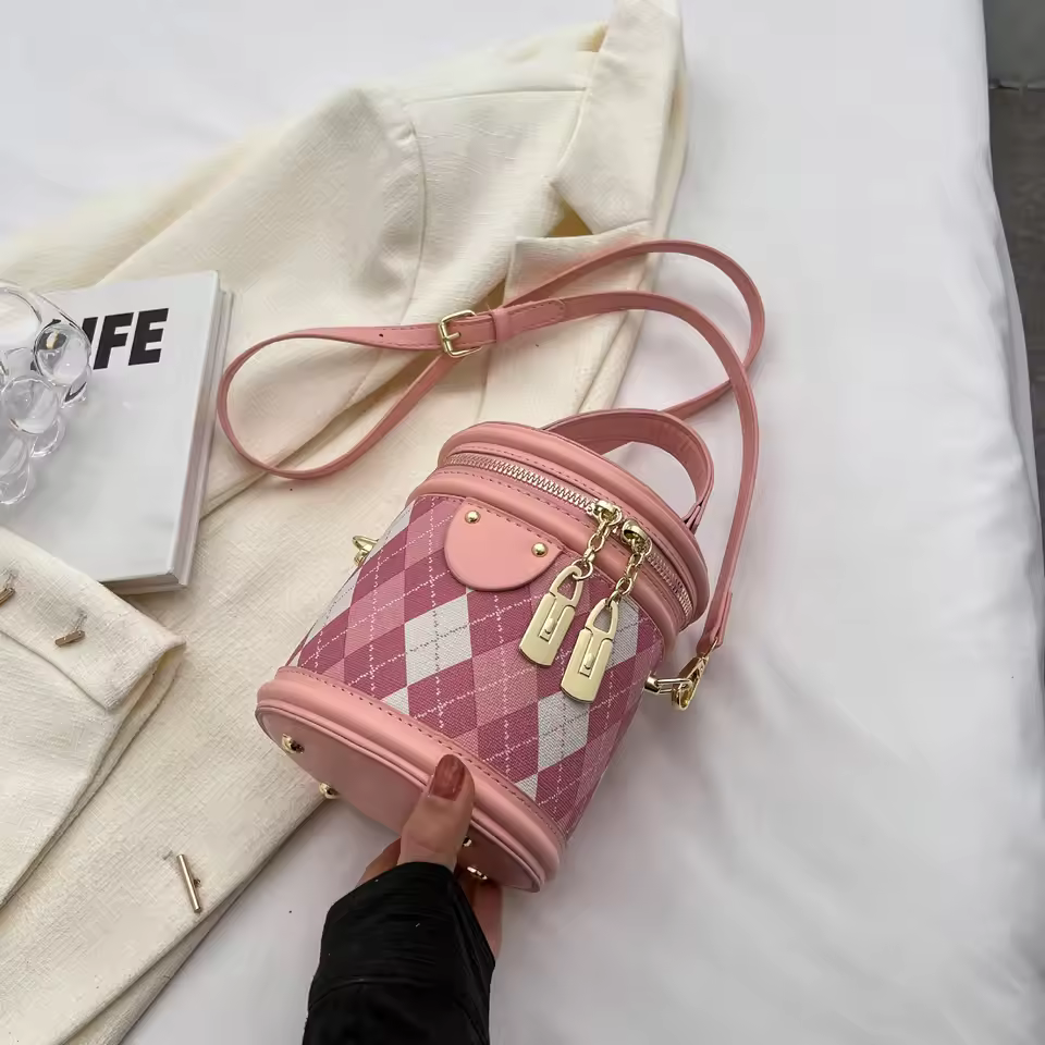 Casual Diamond lattice Zipper Leather Bucket Small Handbags