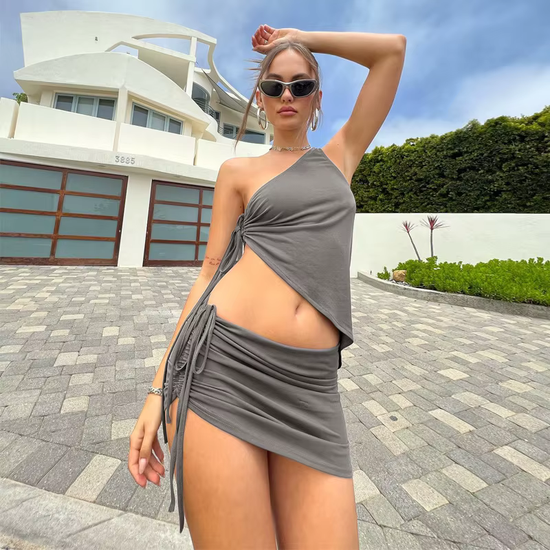 Drawstring Ruched Top and Skirt Club Party 2 Piece Set Outfits - Image 3