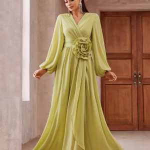 Elegant 3D Floral Decorated Ankle-Length Lantern Sleeve Maxi Dress