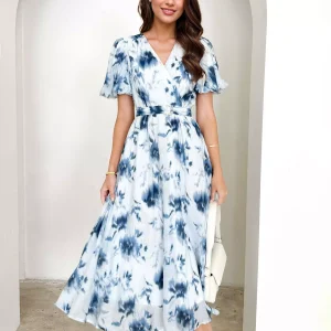 Elegant A-Line Floral Printed With Belt Puff Sleeves Midi Dress