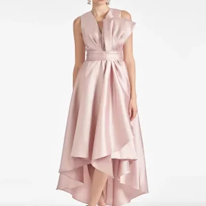 Elegant A-Line Tea-Length V-Neck Bows Satin Fabric Sleeveless Dress