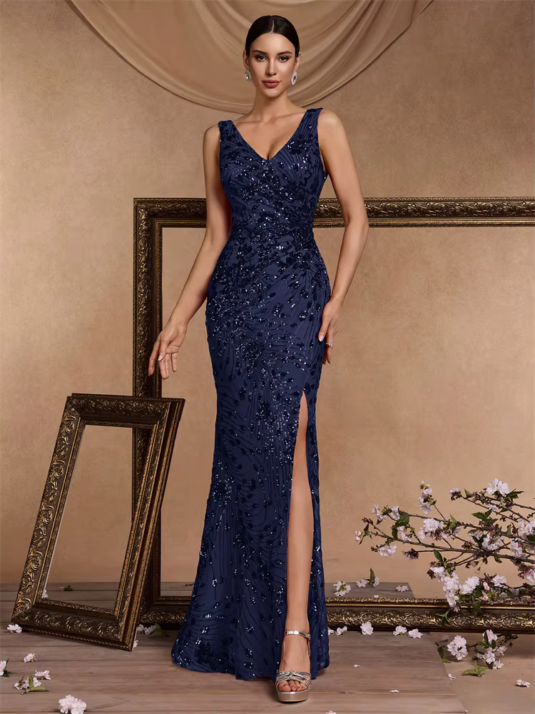 Elegant Backless V-neck Floor-Length Formal Evening Prom Maxi Dresses