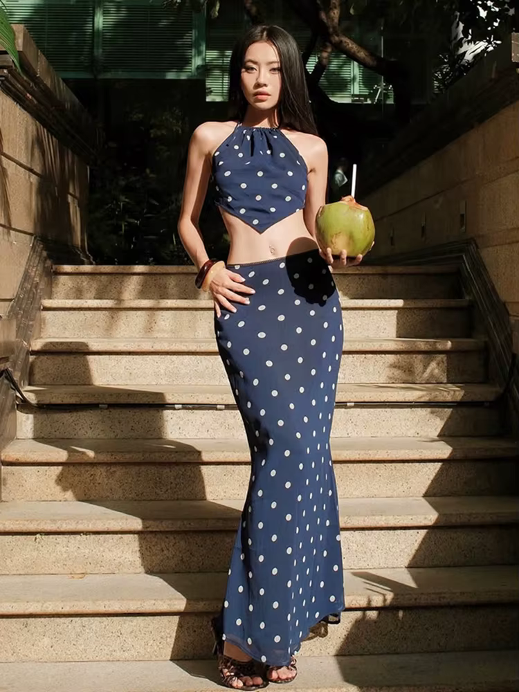 Elegant Bandage Halter Backless Camisole Straight Skirt Polka Dot Print Two Piece Set - Image 7
