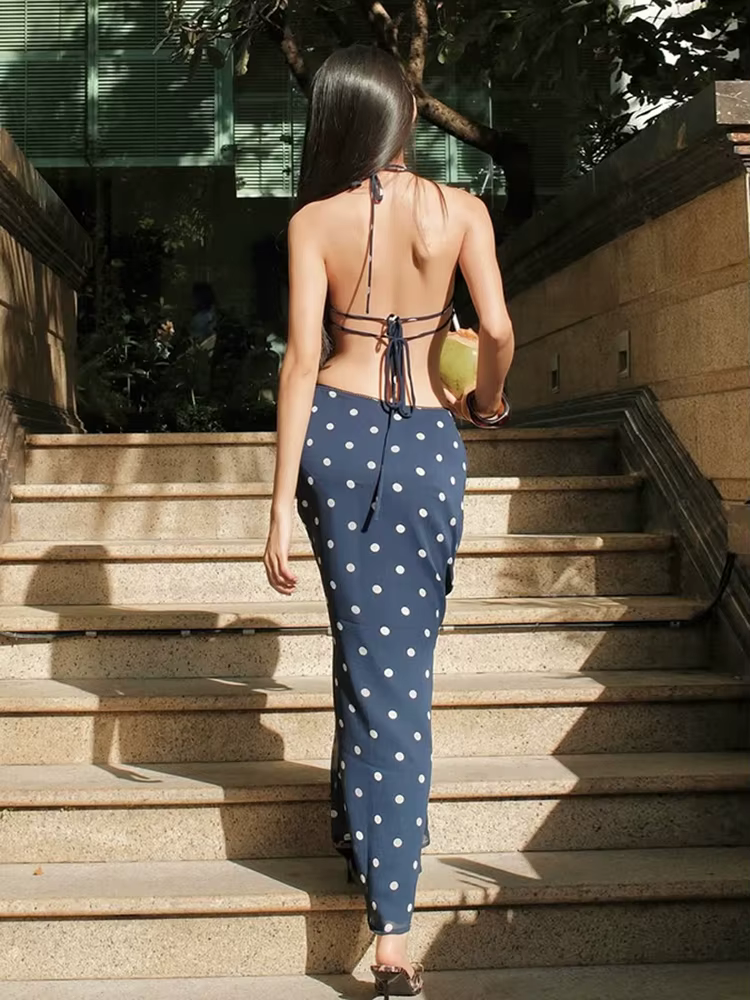 Elegant Bandage Halter Backless Camisole Straight Skirt Polka Dot Print Two Piece Set - Image 8