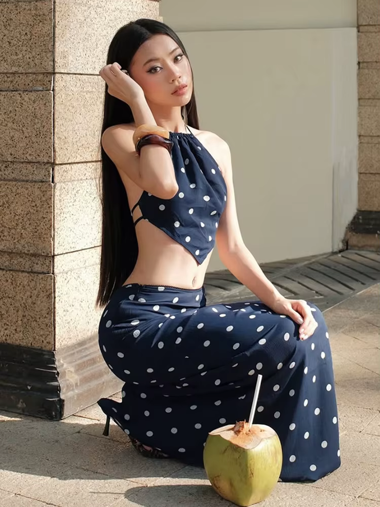 Elegant Bandage Halter Backless Camisole Straight Skirt Polka Dot Print Two Piece Set - Image 6