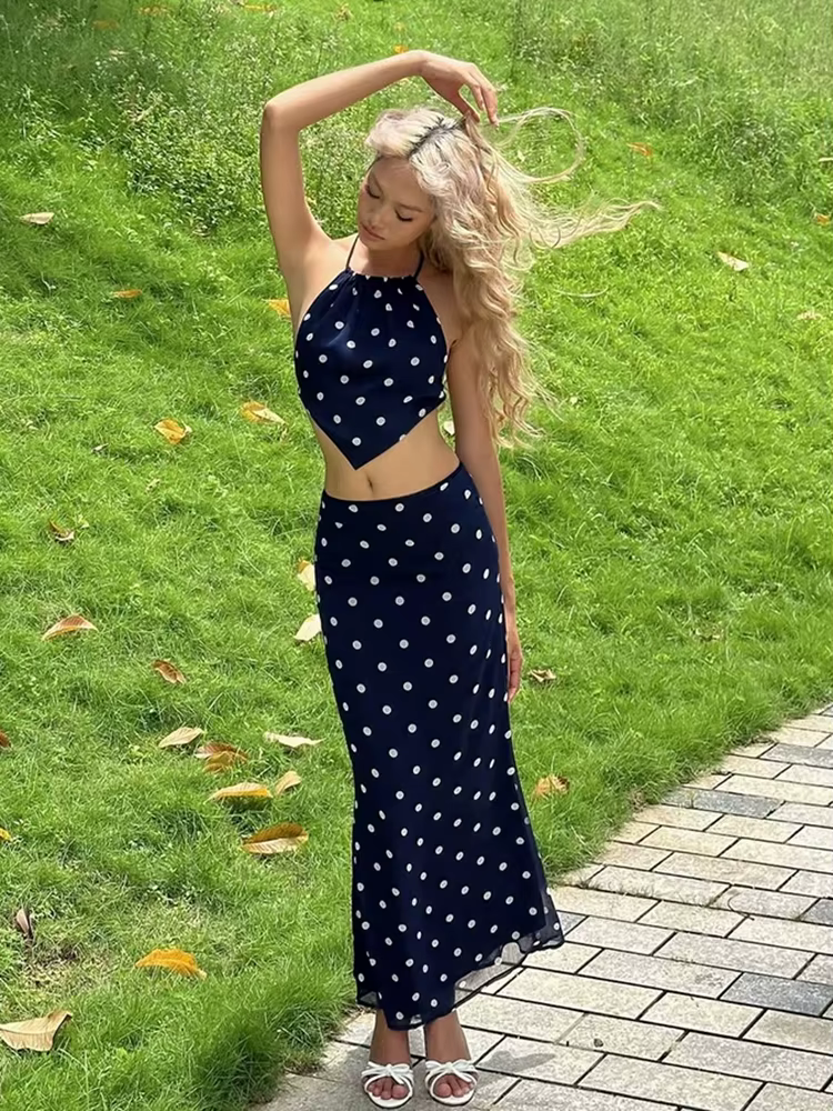 Elegant Bandage Halter Backless Camisole Straight Skirt Polka Dot Print Two Piece Set