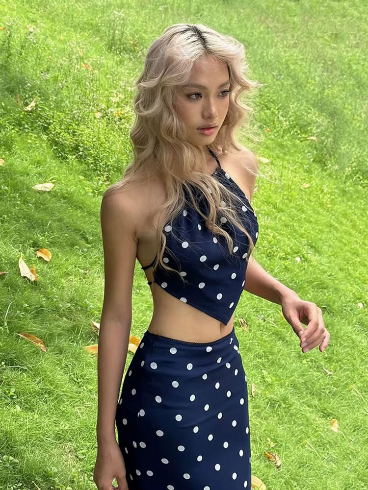Elegant Bandage Halter Backless Camisole Straight Skirt Polka Dot Print Two Piece Set - Image 2