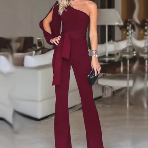 Elegant Banquet High Waist Tie Up Solid Color Slant Shoulder Jumpsuit
