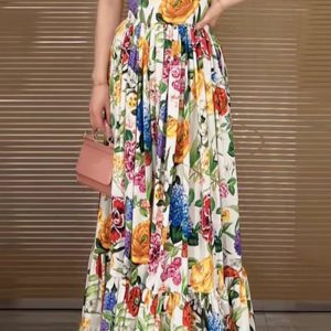 Elegant Beach Style Peach Heart Printed High Waist Maxi Dress