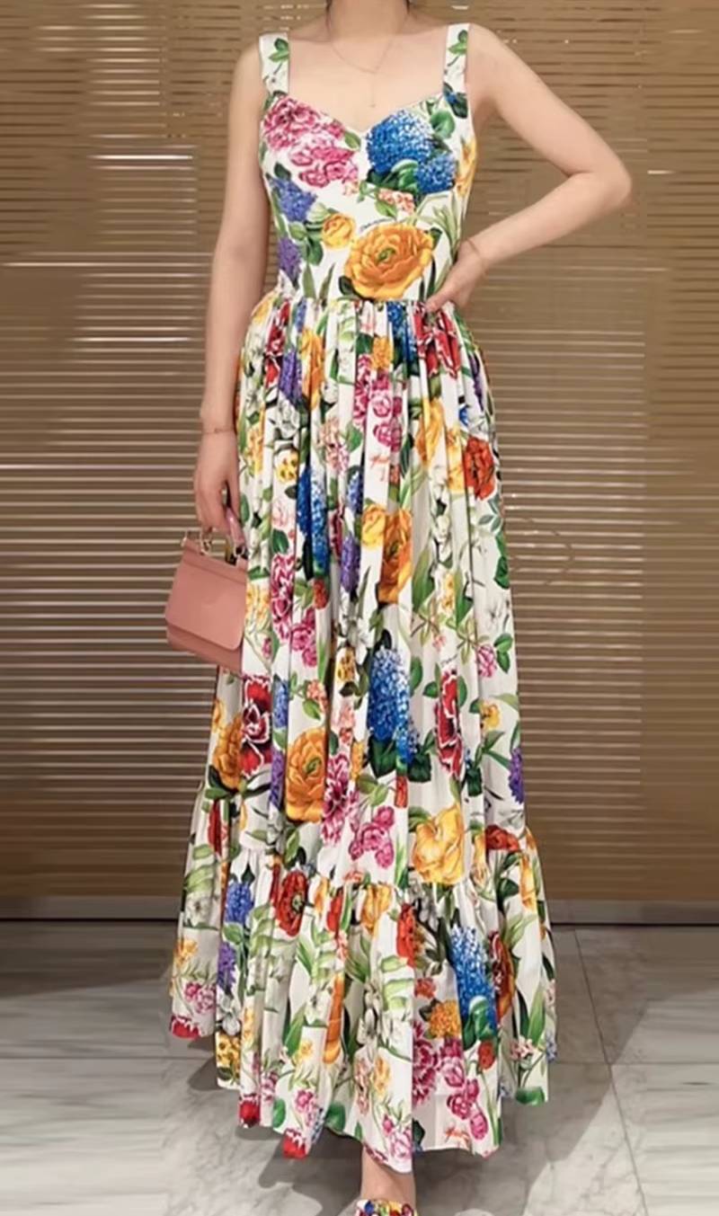 Elegant Beach Style Peach Heart Printed High Waist Maxi Dress