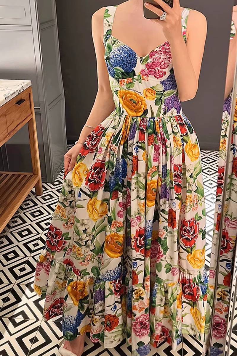 Elegant Beach Style Peach Heart Printed High Waist Maxi Dress - Image 2