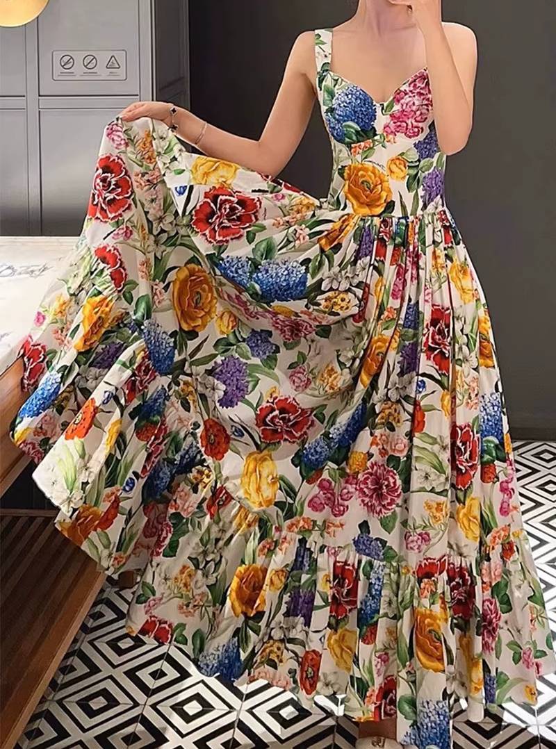 Elegant Beach Style Peach Heart Printed High Waist Maxi Dress - Image 3